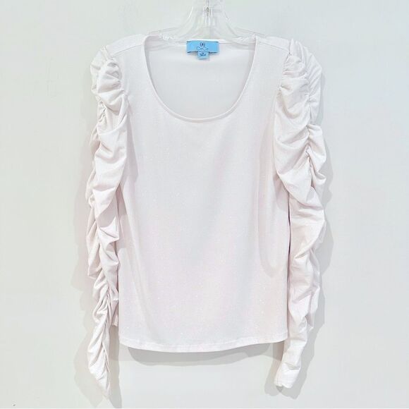 CeCe‎ Metallic Holiday Blouse Women's XS Ivory Stretch Metallic Ruched Sleeves - Picture 1 of 6